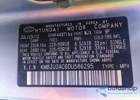 2013 Hyundai Tucson z USA, uszkodzony, nr VIN KM8JU3AC6DU586295